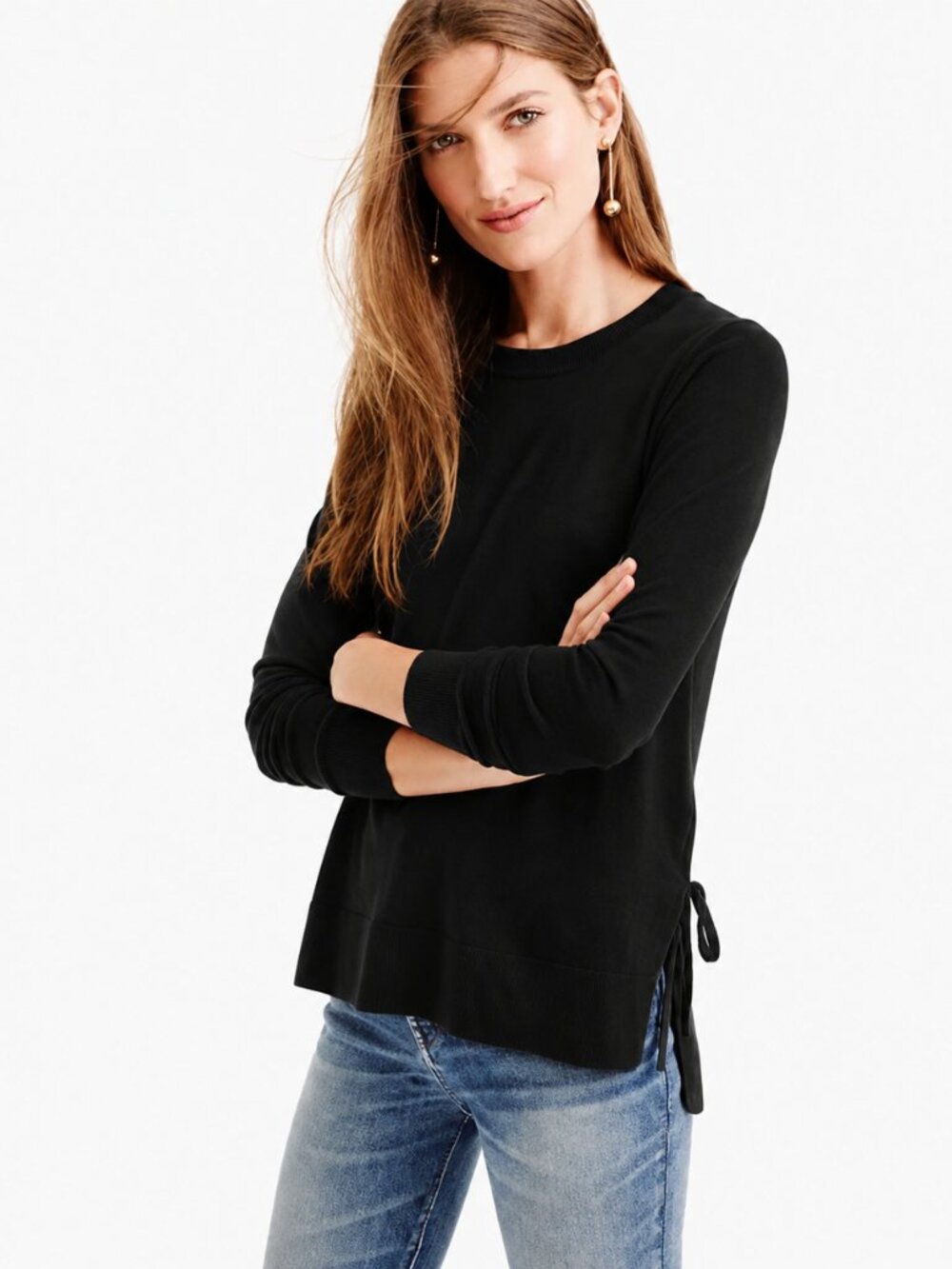 J Crew Women’s Thin Merino Wool Side Slit Sweater With Ties Black Size XS